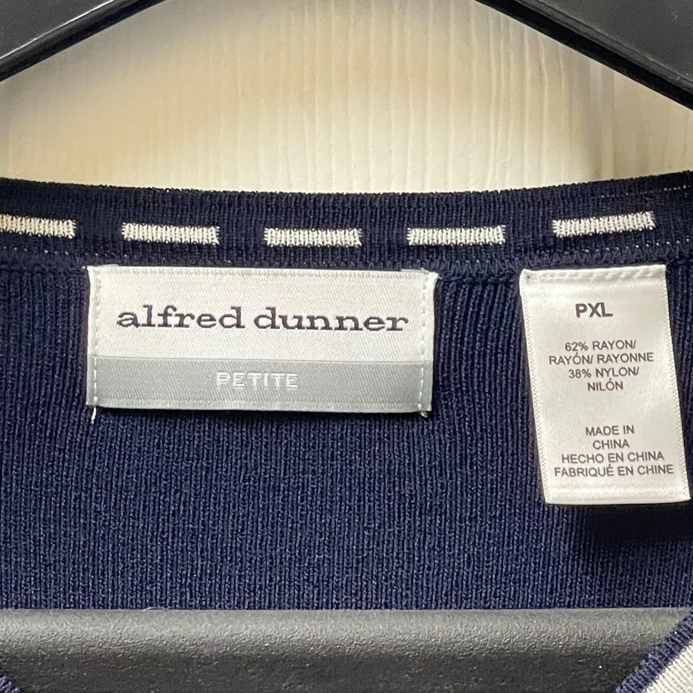 Alfred Dunner Womens Petite XLP Ribbon Trim V Neck Top Navy Blue Nautical Preppy